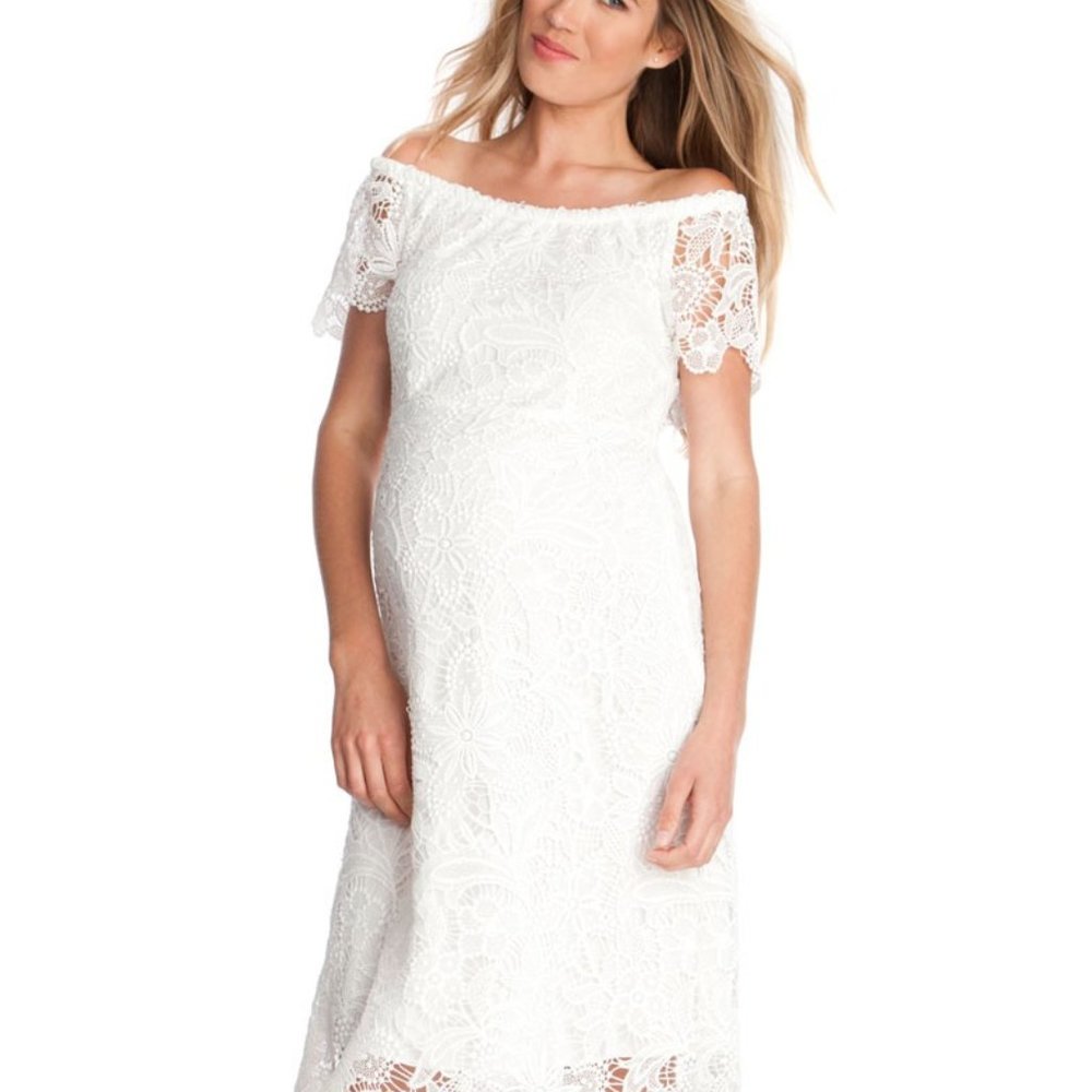 WHITE CROCHET LACE MATERNITY DRESS - NWOT.  Size 4